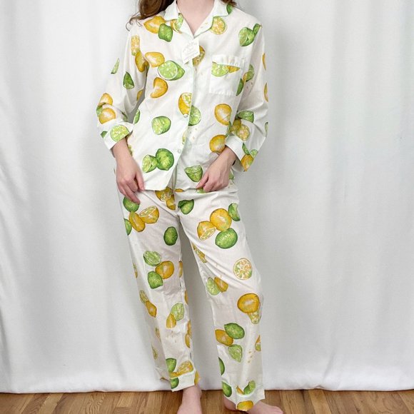 Deadstock Vintage Novelty Citrus Print Matching Pajama Shirt & Long Pants PJ Set - Picture 3 of 9